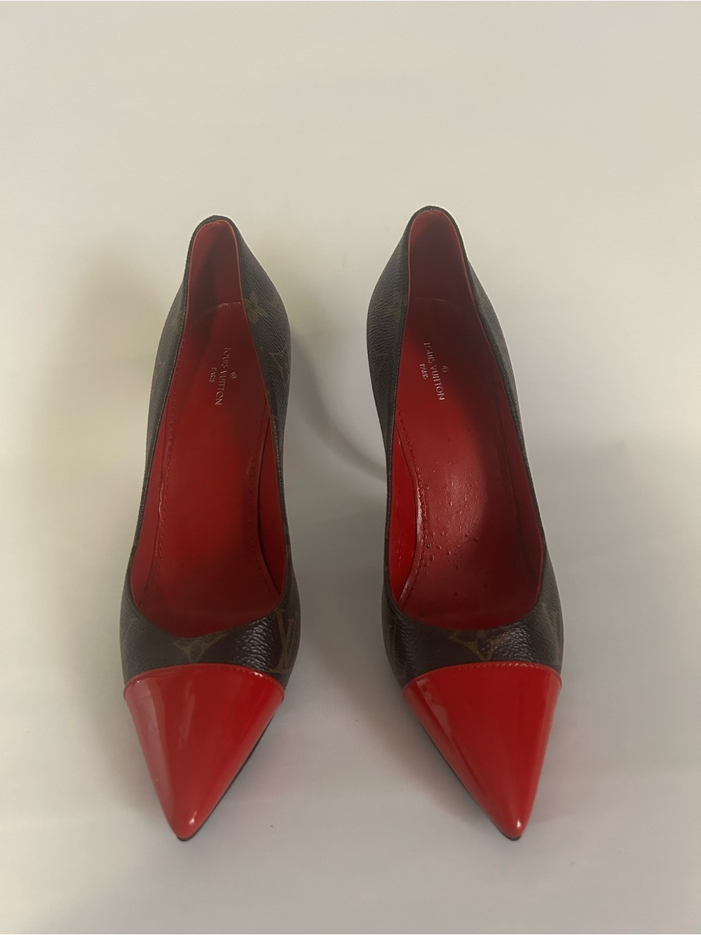 Louis Vuitton Brown Monogram Pumps with Red Pointed Toe